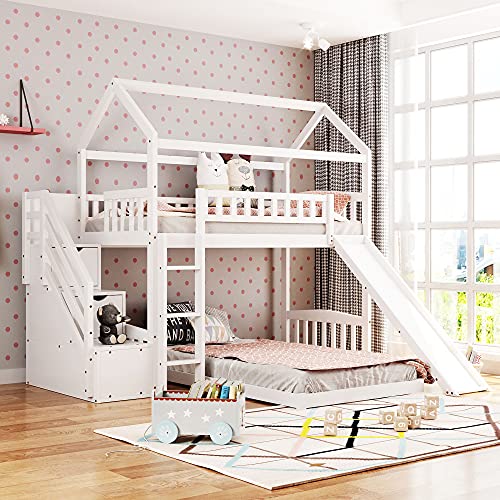 Harper & Bright Designs House Bunk Bed with Slide, Wood Twin Over Twin Bunk Bed Frame with Stairs and Roof for Kids, Teens, Girls, Boys (White)
