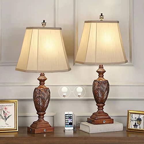 29.5″H Touch Control Traditional Table Lamp Set of 2,Vintage Bedside Lamp Nightstand Lamps with Dual USB Ports,3-Way Dimmable Hollow Out Leafwork Bronze Wood Finish Desk Lamps for Living Room,Bedroom