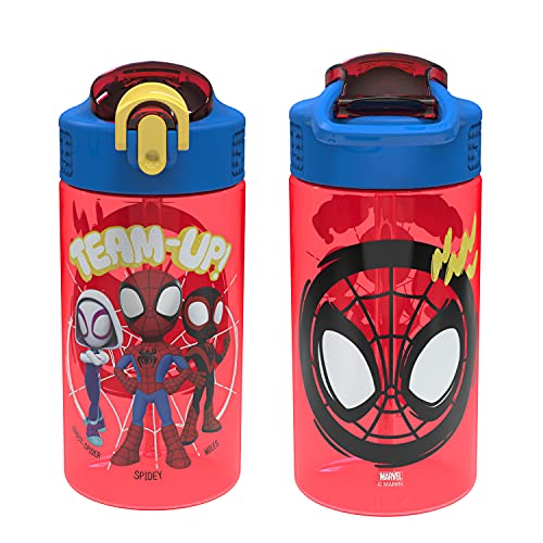 Zak Designs Marvel Spider-Man Kids Water Bottle with Spout Cover and Carrying Loop, Durable Plastic, Leak-Proof Design for Travel (16 oz, 2-Pack, Spidey and His Amazing Friends)