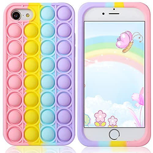 Aupartuds Pop It Phone Case for iPhone 8 7 6,Stress Reliever Push Pop Bubble Fidget Toys Cover,Cute Funny Soft Silicone Protective Shell for iPhone SE 4.7 inch – Rainbow