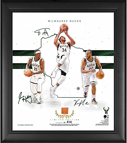 Milwaukee Bucks Framed 15″ x 17″ 2020-21 Franchise Foundations Collage with a Piece of Game Used Basketball – Limited Edition of 414 – NBA Game Used Basketball Collages