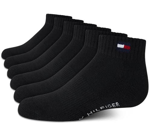 Tommy Hilfiger Boys’ Athletic Socks – Performance Cushion Quarter Cut Ankle Socks (6 Pack), Size Medium, Black