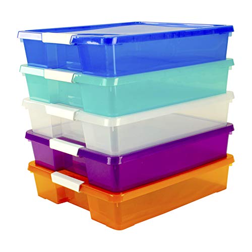 Storex Classroom Craft Project Box – Stacking Plastic Organizer Fits 12×12 Scrapbooking Paper, Assorted STEAM Colors, 5-Pack (63202C05C)