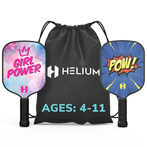 Helium Pickleball Paddle for Kids – (2 Pack – POW! and Girl Power) Child Size, Lightweight Honeycomb Core, Graphite Strike Face, Premium Comfort Grip, 2 Pickleball Paddles & 2 Drawstring Bags
