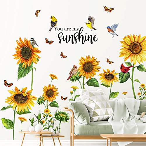 Yovkky You are My Sunshine Spring Summer Sunflowers Wall Decal, Birds Butterfly Vine Sticker Nursery Flower Cardinal Decor, Fall Autumn Home Living Room Decorations Kids Bedroom Playroom Art Gift