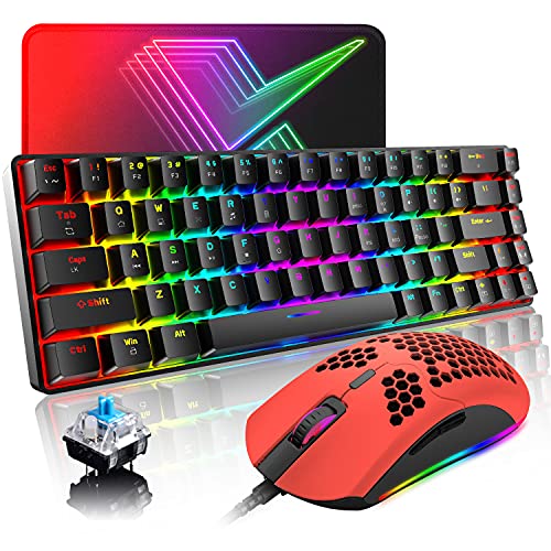 60% Mechanical Gaming Keyboard and Mouse Combo with 18 Chroma RGB Backlight Ergonomic Mini Anti-ghosting 68Key 6400DPI Honeycomb Mice Type-C Wired for PC Mac Gamer Office Typist(Black+Red/Blue Switch)