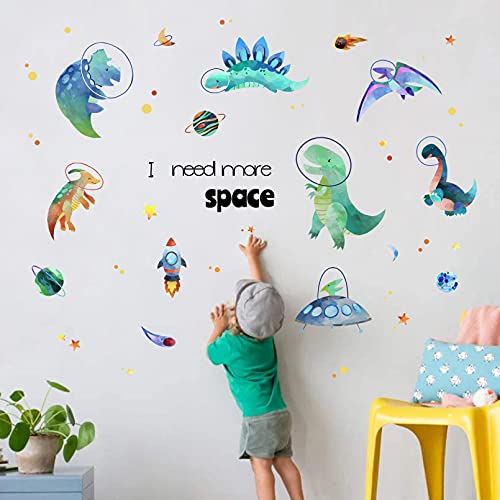 Yovkky Boys Space Dinosaurs Astronauts Wall Decal, Funny Peel Stick Dino Animal Planet Stickers Nursery Spaceship Rocket Decor, Home Baby Room Decorations Kids Bedroom Playroom Art Party Supply Gift