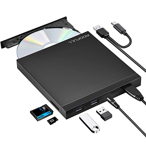 ROOFULL External CD DVD +/-RW Drive with SD Card Reader and USB Ports, USB 3.0 Type-C CD DVD Optical Disc Drive Player Burner Rewriter for Laptop PC Windows 11/10/8/7, Mac MacBook Pro/Air, Linux OS