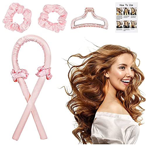 Tik Tok Heatless Hair Curlers For Long Hair, No Heat Silk Curls Headband You Can To Sleep In Overnight, Soft Foam Hair Rollers, Curling Ribbon and Flexi Rods for Natural Hair (Pink), 4 Piece Set
