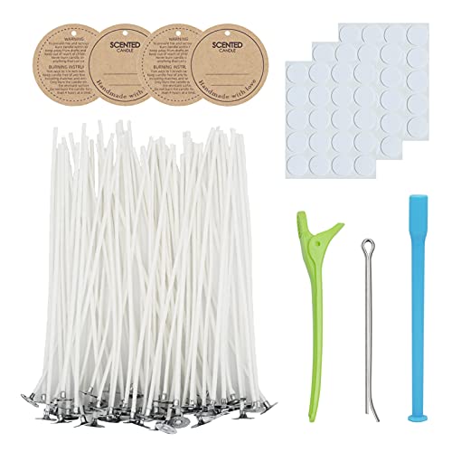 CandMak Candle Wick Kit, 60pcs Candle Wicks with Wick Stickers, Wick Holders and Candle Tags for Candle Making (Thick 4″+6″+8″)