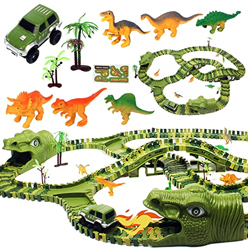 SANKUU Dinosaur Toys Race Track, 280 pcs Flexible Track Playset, Dinosaur Theme World Race Toy with Race Car for Toddlers Kids Boys Age 3 4 5 6 7