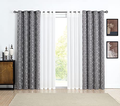 Bujasso Living Room Grey Curtains 84 Inch Length 4 Panels Sets Luxury Mixed Design Moroccan Patterned Room Darkening Curtain and Sheer Privacy Window Drapes Grommet Top W52 xL84 x4