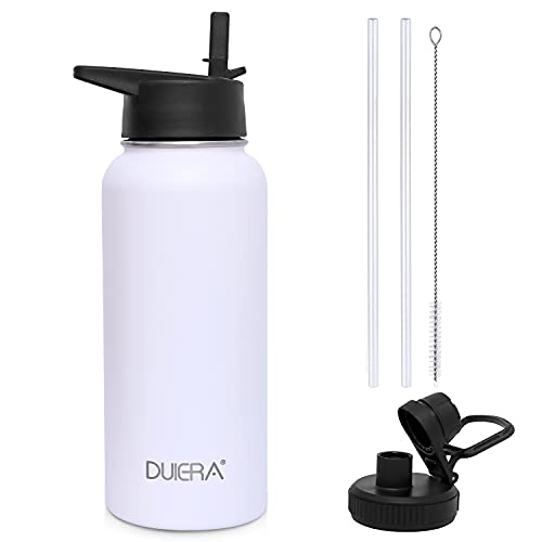 DUIERA 32oz Insulated Water Bottle Vacuum Stainless Steel Water Bottle with Straw & Leak Proof Spout Lids, BPA Free, Keep Beverage Cold or Hot – White