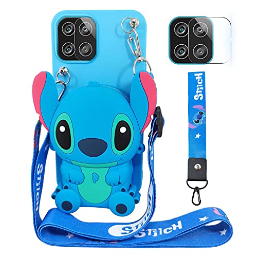 DiDicose Case Compatible with Samsung Galaxy A12 Cute 3D Cartoon Purse Wallet with Lanyard Wrist Strap Soft Silicone Cover Camera Lens Protector for Samsung Galaxy A12 Alien Dog Blue