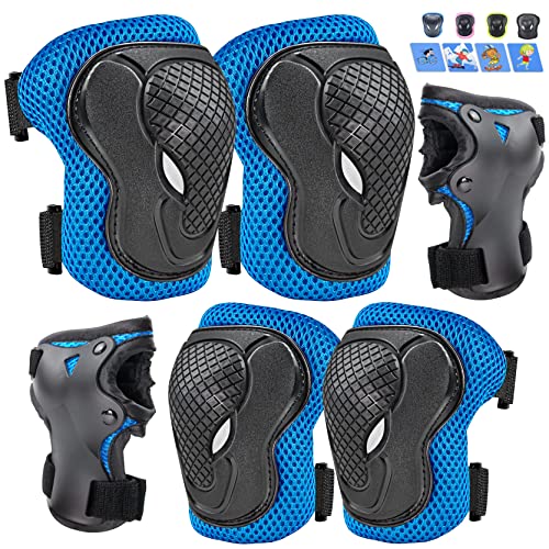 GTSBROS Kids/Youth Protective Gear, Knee Pads and Elbow Pads 6 in 1 Set with Wrist Guard and Adjustable Strap for Roller Skates Cycling BMX Bike Skateboard Inline Skatings Scooter Riding Sports(Blue)
