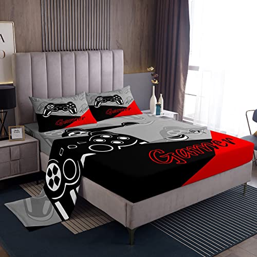 Feelyou Kids Gamer Bed Sheets Set Boys and Girls Gaming Bedding Set Video Game Controller Fitted Sheets 3Pcs Sheets Includes 1 Sheet & 1 Flat Sheet with 1 Pillowcase Red Black (Twin)
