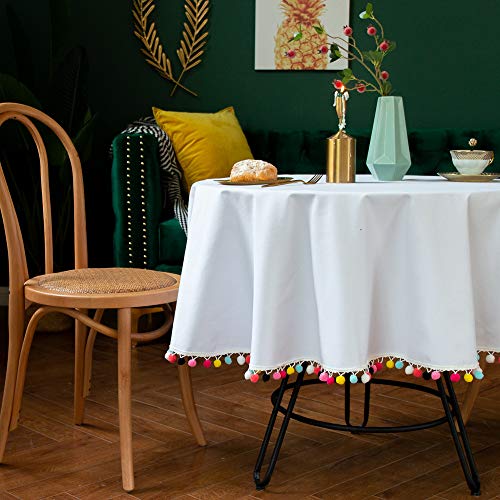 Round Tablecloth, Cotton Linen Colored Balls Tassel Table Cover for Kitchen Dinner Table, Decorative Solid Color Table Desk Cover (150CM/60 Diameter)