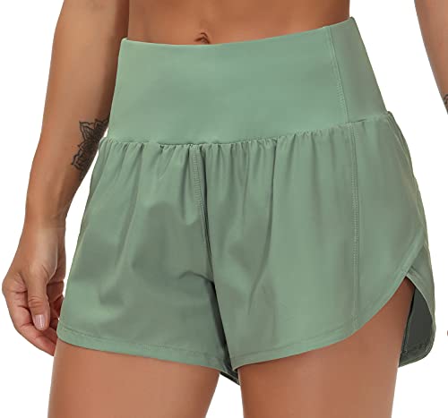 THE GYM PEOPLE Womens High Waisted Running Shorts Quick Dry Athletic Workout Shorts with Mesh Liner Zipper Pockets (Jasmine Green, X-Large)