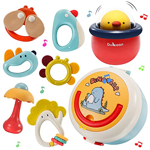 Baby Rattle Teether Set with Wobble Toy, Grab Shaker and Spin Rattle Toy with Storage Box, Interactive Early Educational Rattles Baby Newborn Gift for 3 6 9 12 Month Infant, Boys, Girls