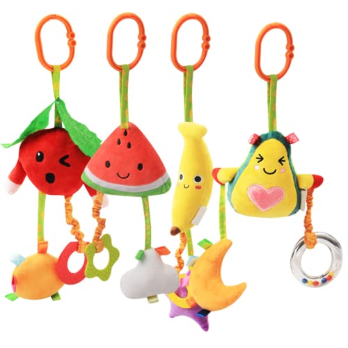 KAKIBLIN Baby Hanging Rattle Toys, 4 Pack Car Seat Stroller Toys Soft Squeaky Toys for Baby Newborn Infant Car Bed Travel Activity, Fruit