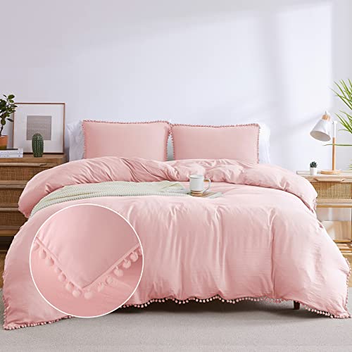 CAROMIO Pink Duvet Cover Queen Size, 3 Pieces Soft Washed Microfiber Duvet Cover Set with Boho Pom Pom Fringe, Pink, 90×90 inches