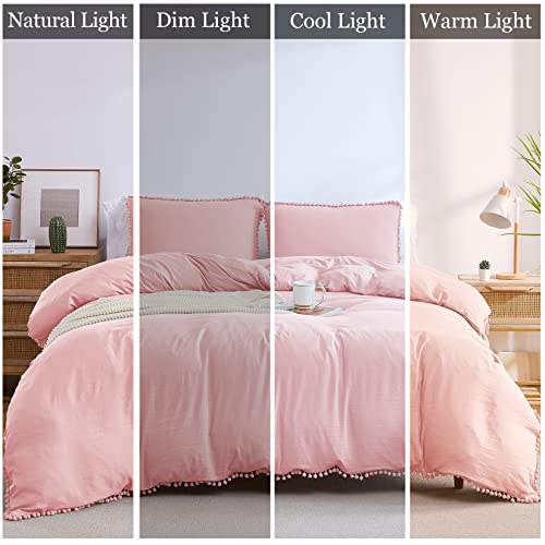 CAROMIO Pink Duvet Cover Queen Size, 3 Pieces Soft Washed Microfiber Duvet Cover Set with Boho Pom Pom Fringe, Pink, 90×90 inches | The Storepaperoomates Retail Market - Fast Affordable Shopping