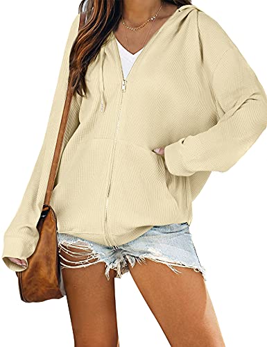 Cowasto Women’s Hooded Pockets Sweatshirt Long Sleeve Casual Zip Up Hoodie Jacket Beige