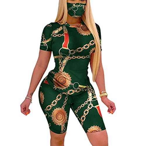 Women Summer Casual 2 Piece Outfit Set Fashion Bodycon Lip Print Short Sleeve Active Short Tracksuit Green M