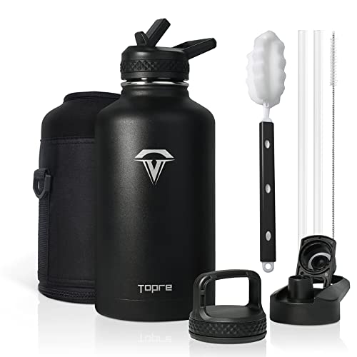 Topre 64 oz Insulated Water Bottle, Half Gallon Vacuum Stainless Steel Sports Water Jug with 3 Lids & Brush, BPA-free Reusable Double Walled Thermos Mug Gym Keg for Sports Outdoor Camping, Black