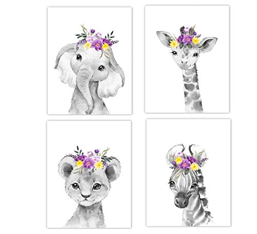 Safari Animals Baby Girl Nursery Wall Art Floral Crown Elephant Giraffe Lion Zebra (PURPLE YELLOW)