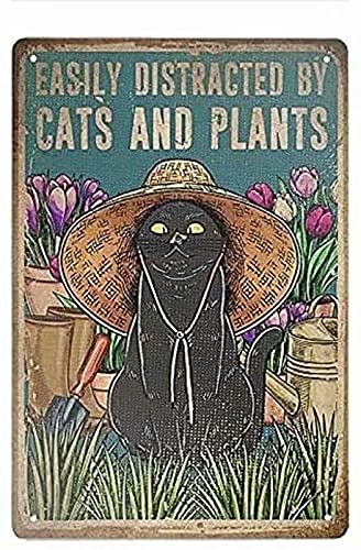 Metal Tin Sign – Easily Distracted By Cats And Plants – Vintage Style Cafe Home Iron Mesh Fence Farm Supermarket Bar Pub Garage Hotel Diner Mall Forest Garden Door Wall Decor Art – 12″x18″