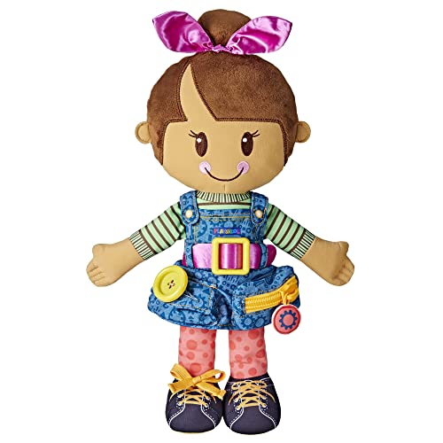 Playskool Dressy Kids Doll with Brown Hair and Bow, Activity Plush Toy with Zipper, Shoelace, Button, For Ages 2 and Up (Amazon Exclusive)