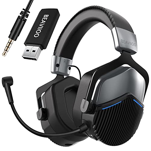 BEAVIIOO 5.8G Wireless Gaming Headset for PS4/PS5/PC/Switch, Stable Lossless Gaming Headphones, USB Dongle with Ultra Comfortable Immersive Air Ear Cushions and Noise Cancelling Microphone
