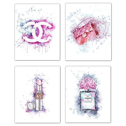 Fashion Glam Wall Art Decor Prints – Chanel Pink Wall Decor For Girls Bedroom Makeup Room – Glam Decor  Wall Posters – Perfume Handbag Makeup Art – Glam Fashion Wall Art Prints – Set of 4 (8×10) – Unframed