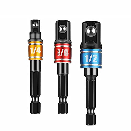 Impact Grade Socket Adapter 3 Pack Set, 1/4″, 3/8″, and 1/2″ Drive, Socket to Drill Adpater for Impact Drivers, Turns Power Drill Into High Speed Nut Driver, Tools Gift for Men, DIYers