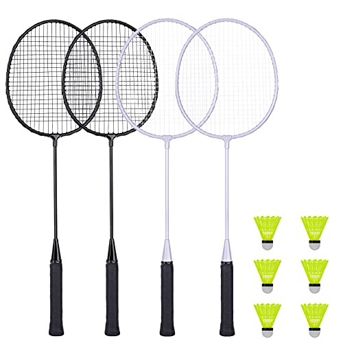 AboveGenius Badminton Rackets Set of 4 for Outdoor Backyard Games, Including 4 Rackets, 6 Nylon Badminton Shuttlecocks, Lightweight Badminton Racquets for Beginners