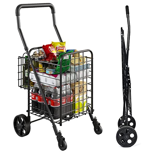 siffler Shopping Cart with 360° Rolling Swivel Wheels for Groceries Utility Shopping Cart with Double Basket Folding Portable Cart Saves Space with Adjustable Handle Height for Grocery Laundry Luggage