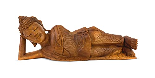 G6 Collection Wooden Hand Carved Serene Reclining Buddha Statue Sculpture Handmade Figurine Sleeping Resting Home Decor Accent Handcrafted Modern Decoration Lying Buddha (20″ Long)