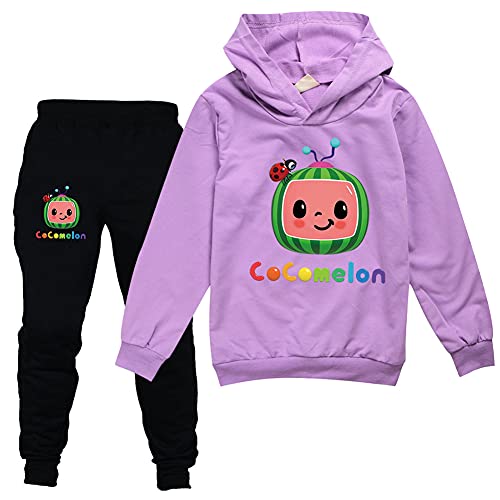 AKEBD Boys Girls Cartoon Print Hoodie Sweatshirts Sweatpants Tracksuit Sets Kids Youth 2 Piece Outfits Clothes (2Years-3Years, purple)