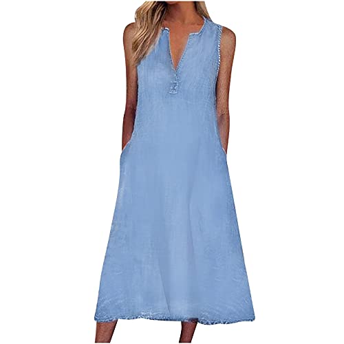 Denim Dresses for Women’s Summer Casual Loose Soft Jeans Shift Dress V-Neck Sleeveless Loose Tunic Dress Sundress Blue