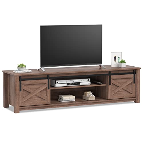 KOTEK Wooden TV Stand with Storage Cabinet & Sliding Barn Doors, TV Console Table for TVs up to 65”, Home Entertainment Center w/Adjustable Storage Shelves for Living Room (Coffee)