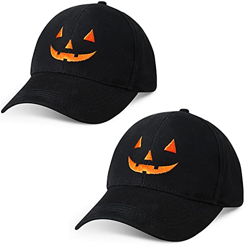 2 Pieces Halloween Unisex Baseball Hat Adjustable Embroidery Baseball Cap Halloween Pumpkin Face Baseball Hat (Black)