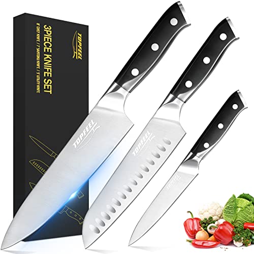 Topfeel Professional Chef Knife Set Sharp Knife, German High Carbon Stainless Steel Kitchen Knife Set 3 PCS-8″ Chefs Knife &7″ Santoku Knife&5″ Utility Knife, Knives Set for Kitchen with Gift Box…