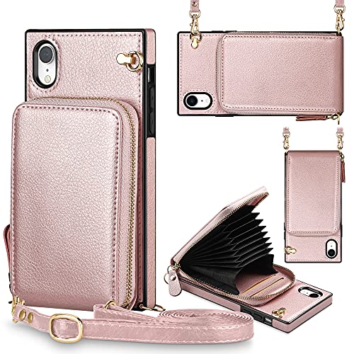 JAKPDE for iPhone XR Case iPhone 10R Case Wallet Zipper Leather Case with Card Holder Slots Protective Cover with Lanyard Case Compatible with iPhone XR iPhone 10R 6.1 inch Rose Gold