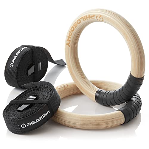 Philosophy Gym Wood Gymnastic Rings 1.25″ Grip – Exercise Ring Set with Adjustable Straps, Grip Tape for Pull Ups, Dips, Muscle Ups