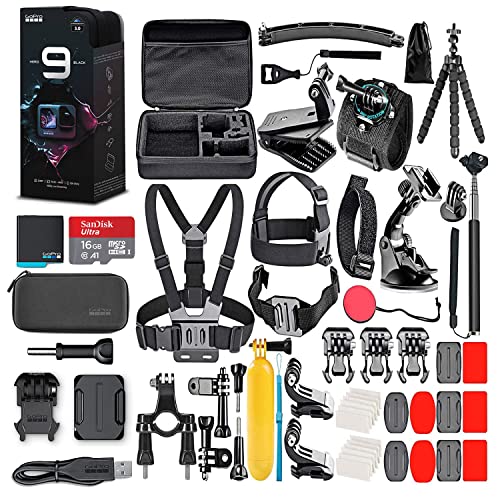 GoPro HERO9 Black – Waterproof Action Camera with Front LCD, Touch Rear Screens, 5K Video, 20MP Photos, 1080p Live Streaming, Stabilization + 16GB Card and 50 Piece Accessory Kit – Action Kit