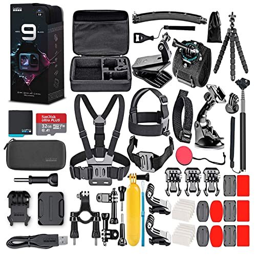 GoPro HERO9 Black – Waterproof Action Camera with Front LCD, Touch Rear Screens, 5K Video, 20MP Photos, 1080p Live Streaming, Stabilization + 32GB Card and 50 Piece Accessory Kit – Action Kit