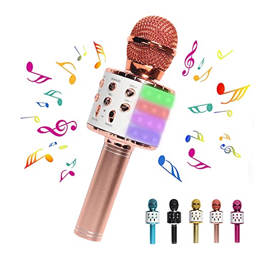 DREAM&GLAMOUR Karaoke Microphone for Kids,Bluetooth Wireless Microphone with LED Lights,Portable Handheld Karaoke Mic Speaker Machine for Girls Boys Adults(Rose Pink)