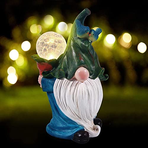 Trysea Garden Statue Gnome Figurine, Resin Gnome Figurine Carrying Magic Orb with Solar LED Light for Outdoor, Patio Lawn Yard Porch Garden Decor, Housewarming Festival Gift
