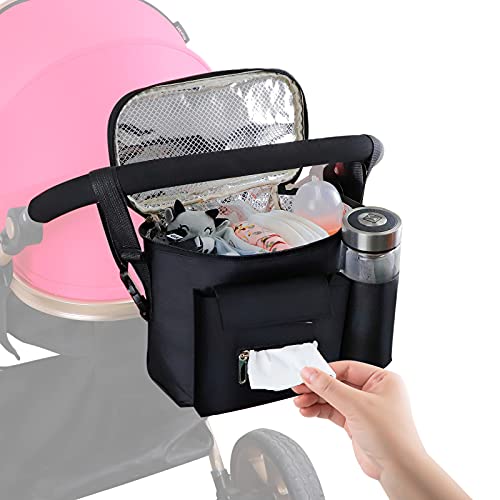 Universal Stroller Organizer with Cup Holder Large Storage Space ＆ Adjustable Shoulder Strap, Fit for Wallets, Carrying Diaper, Toys & Snack, Stroller Caddy Fit Most Strollers and Car Seat Organizer.